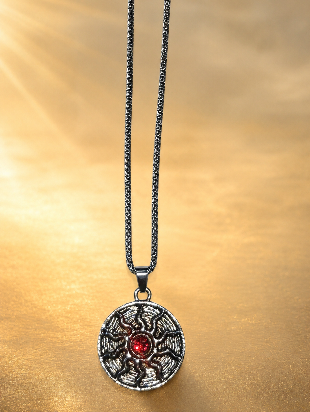 Sun Symbol Red Crystal Pendant Necklace | Vintage Silver Chain