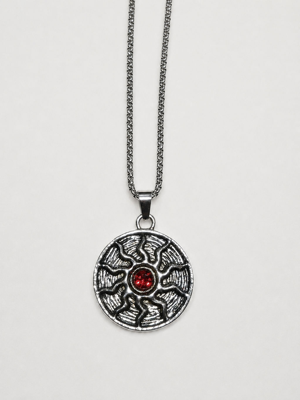 Sun Symbol Red Crystal Pendant Necklace | Vintage Silver Chain