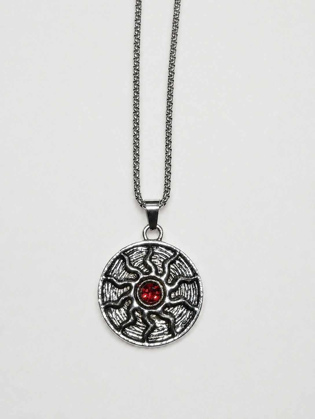 Sun Symbol Red Crystal Pendant Necklace | Vintage Silver Chain