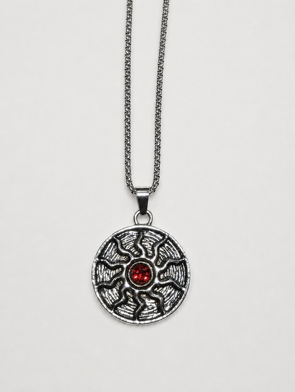 Sun Symbol Red Crystal Pendant Necklace | Vintage Silver Chain